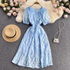 Square-neck Puff-sleeve Floral Mesh Dress