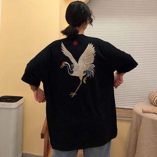 Elbow-sleeve Crane Embroidery T-shirt