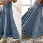 Pleated-hem Denim Long Skirt