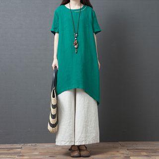 Set: Asymmetric Short-sleeve Blouse + Wide Leg Pants