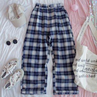 Plaid Wide Leg Pants Plaid - Blue - One Size