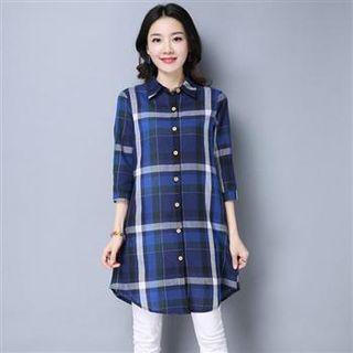 3/4-sleeve Long Plaid Blouse