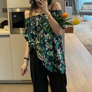 Puff-sleeve Cold Shoulder Floral Print Top Green - One Size