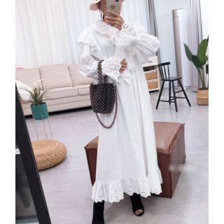 Bell-sleeve Perforated-detail Long Dress White - One Size