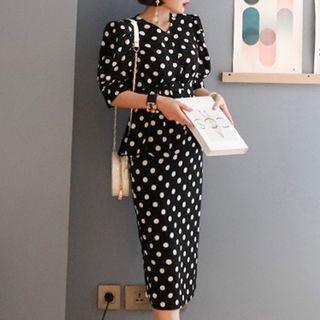Set: Elbow-sleeve Polka Dot Top + Midi Fitted Skirt