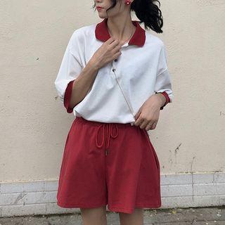 Elbow-sleeve Oversized Polo Shirt / Wide-leg Sweatshorts