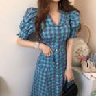 Lantern-sleeve Single Breasted Plaid Dress