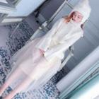 Set: Turtleneck Chunky Knit Sweater + Mesh A-line Skirt Off-white - One Size