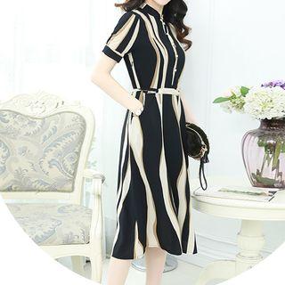 Stand-collar Short-sleeve Striped Dress