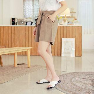 Linen Blend Wide Shorts With Sash