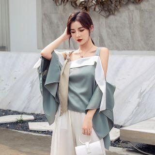 Two-tone Wide Strap Ruffle Trim Top Silver Gray - One Size