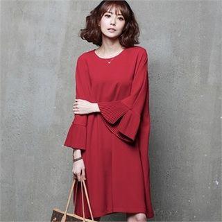 Pleated Bell-sleeve Shift Dress