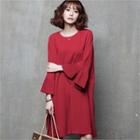Pleated Bell-sleeve Shift Dress
