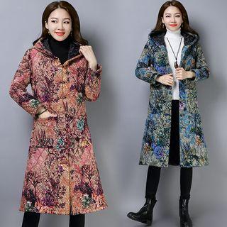 Hooded Floral Print Buttoned Coat