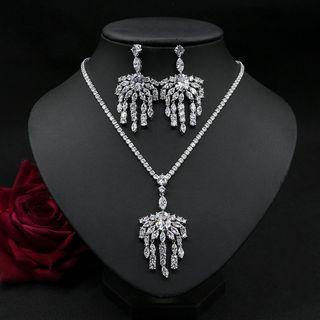 Set: Rhinestone Pendant Necklace + Fringed Earring Set - 1 Pair - Stud Earrings & Necklace - Zircon - White - One Size