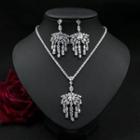 Set: Rhinestone Pendant Necklace + Fringed Earring Set - 1 Pair - Stud Earrings & Necklace - Zircon - White - One Size