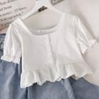 Frilled Square-neck Puff-sleeve Top White - One Size