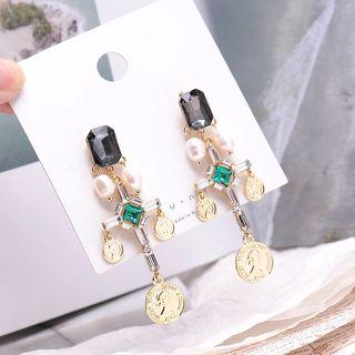 Alloy Coin Rhinestone Cross Dangle Earring