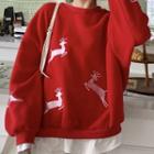 Mock Two-piece Reindeer Embroidered Fleece Sweatshirt