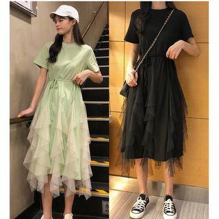 Mesh Dress Short-sleeve High-waist Asymmetrical Skirt Maxi A-line Skirt