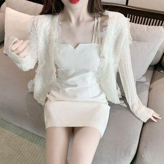 Spaghetti Strap Mini Sheath Dress / Lace Panel Knit Cardigan