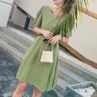 Elbow-sleeve Crew-neck Open Back Bow A-line Skirt