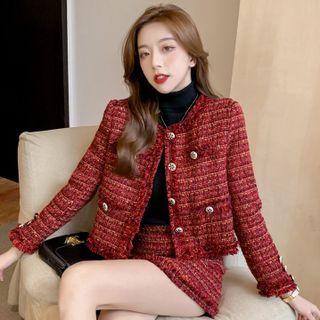 Set: Fringed Trim Tweed Jacket + Mini Pencil Skirt
