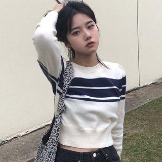 Puff-sleeve Round-neck Striped Sweater