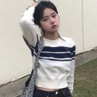 Puff-sleeve Round-neck Striped Sweater