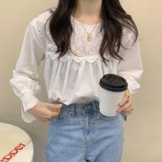 Eyelet Panel Long-sleeve Blouse White - One Size