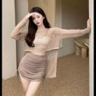 Long-sleeve Perforated Knit Top / Mini Skort