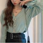 Long-sleeve Faux Pearl Buttoned Blouse