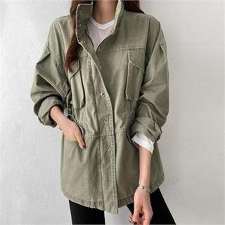 Zip-neck Drawstring-waist Safari Jacket Khaki - One Size