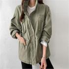 Zip-neck Drawstring-waist Safari Jacket Khaki - One Size
