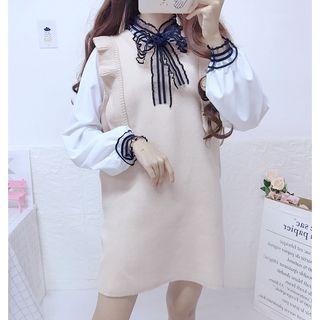Tie-neck Shirt / Sleeveless Frill-trim Mini Knit Dress