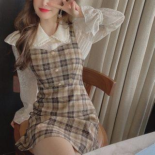 Set: Lace Button-up Blouse + Spaghetti Strap Plaid Mini Dress