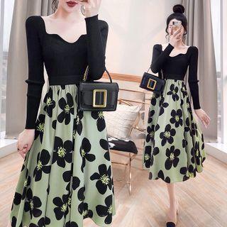 Set: Long-sleeve Square-neck Knit Top + Flower Print A-line Skirt