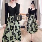 Set: Long-sleeve Square-neck Knit Top + Flower Print A-line Skirt