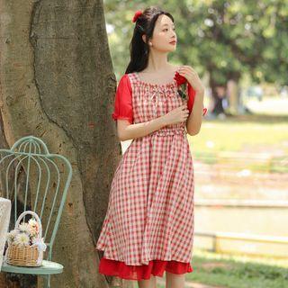 Puff-sleeve Ruffled Plaid A-line Dress