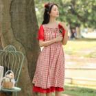 Puff-sleeve Ruffled Plaid A-line Dress