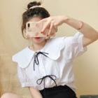 Short-sleeve Wide-collar Bow-accent Blouse