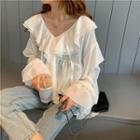 Ruffle V-neck Long-sleeve Blouse White - One Size