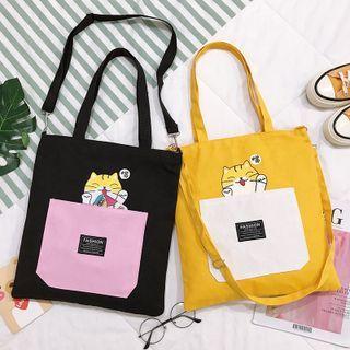Two-tone Cat Print Crossbody Tote Bag