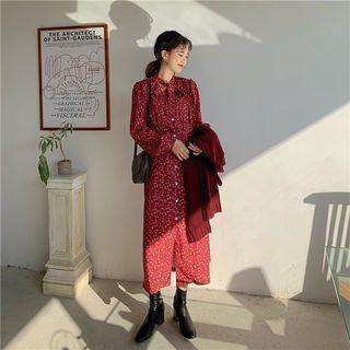 Tie-neck Floral Printed Dress / Plain Sweater