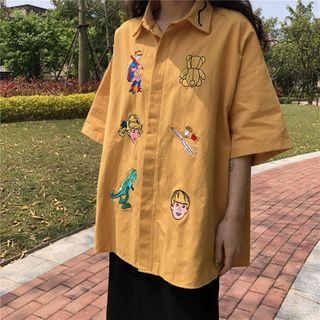 Elbow-sleeve Cartoon Embroidered Shirt