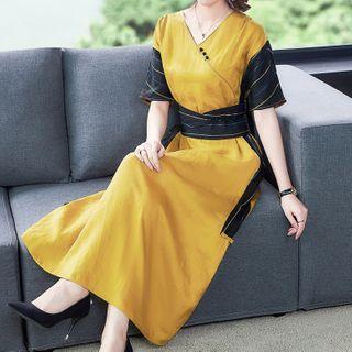 Short-sleeve Striped Paneled Linen A-line Midi Dress