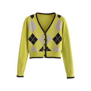 Cropped Argyle Cardigan Green - One Size