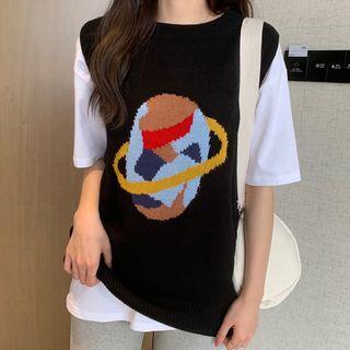 Planet Print Sweater Vest Black - One Size