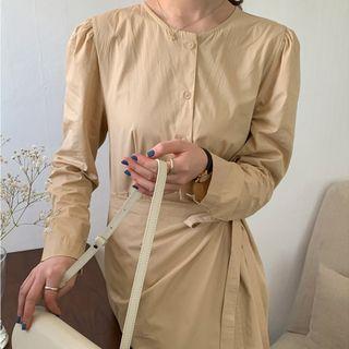 Long-sleeve Midi A-line Dress Beige - One Size