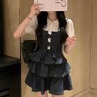 Puff-sleeve Peter Pan-collar Plain Shirt / Spaghetti Strap Bow-accent Cutout Denim Mini A-line Dress